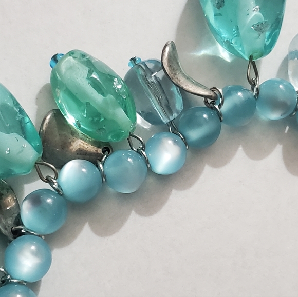 Vintage lucite aqua chunky beads cats eye silver necklace stainless steel 90's - Picture 7 of 13